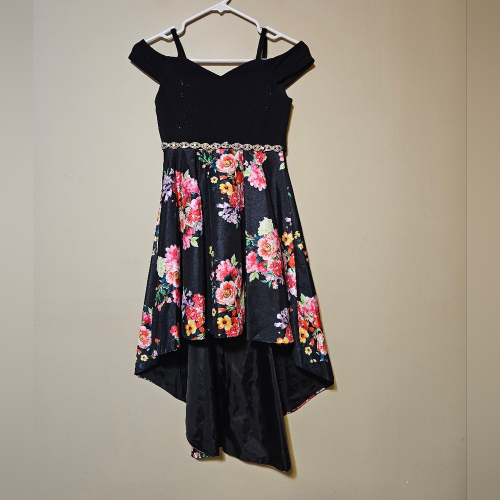 Rare Editions Girls Floral Mikado Cap Sleeve High-Low Dress Black Floral Size 8